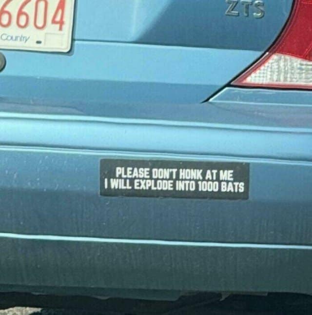 A funny bumper sticker with the spooky season threat, "Please don't honk at me I will explode into 1000 bats."