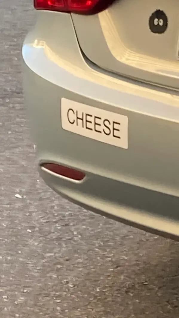 A simple and unhinged bumper sticker that just has the word "CHEESE" in all caps.