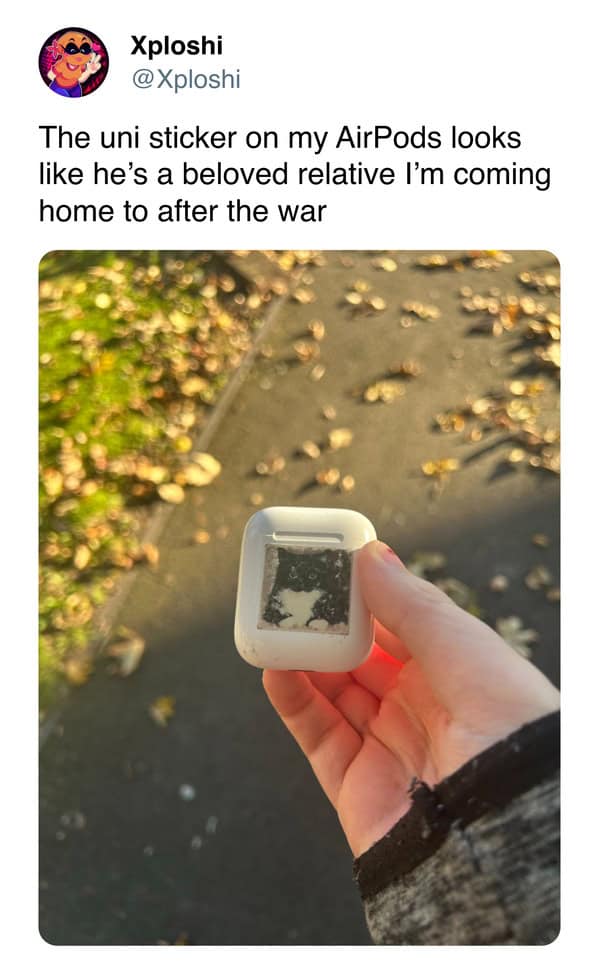 A funny cat meme comparing a worn cat sticker on AirPods to an old photo of a war relative.