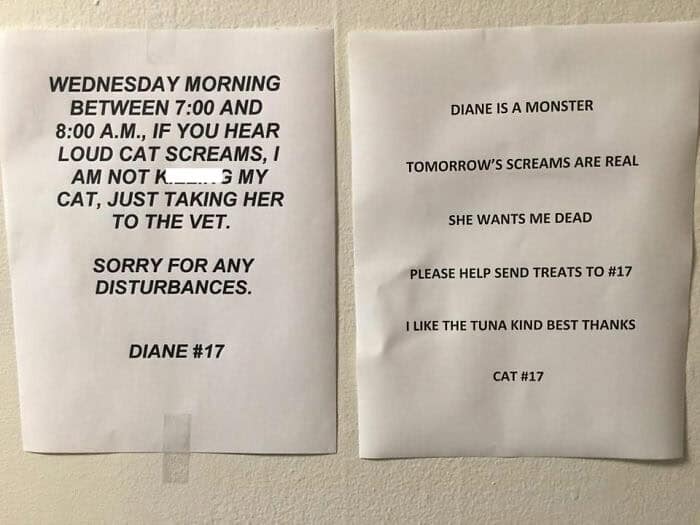 A funny cat sign from a cat warning neighbors that their owner, Diane, is a monster for taking them to the vet.