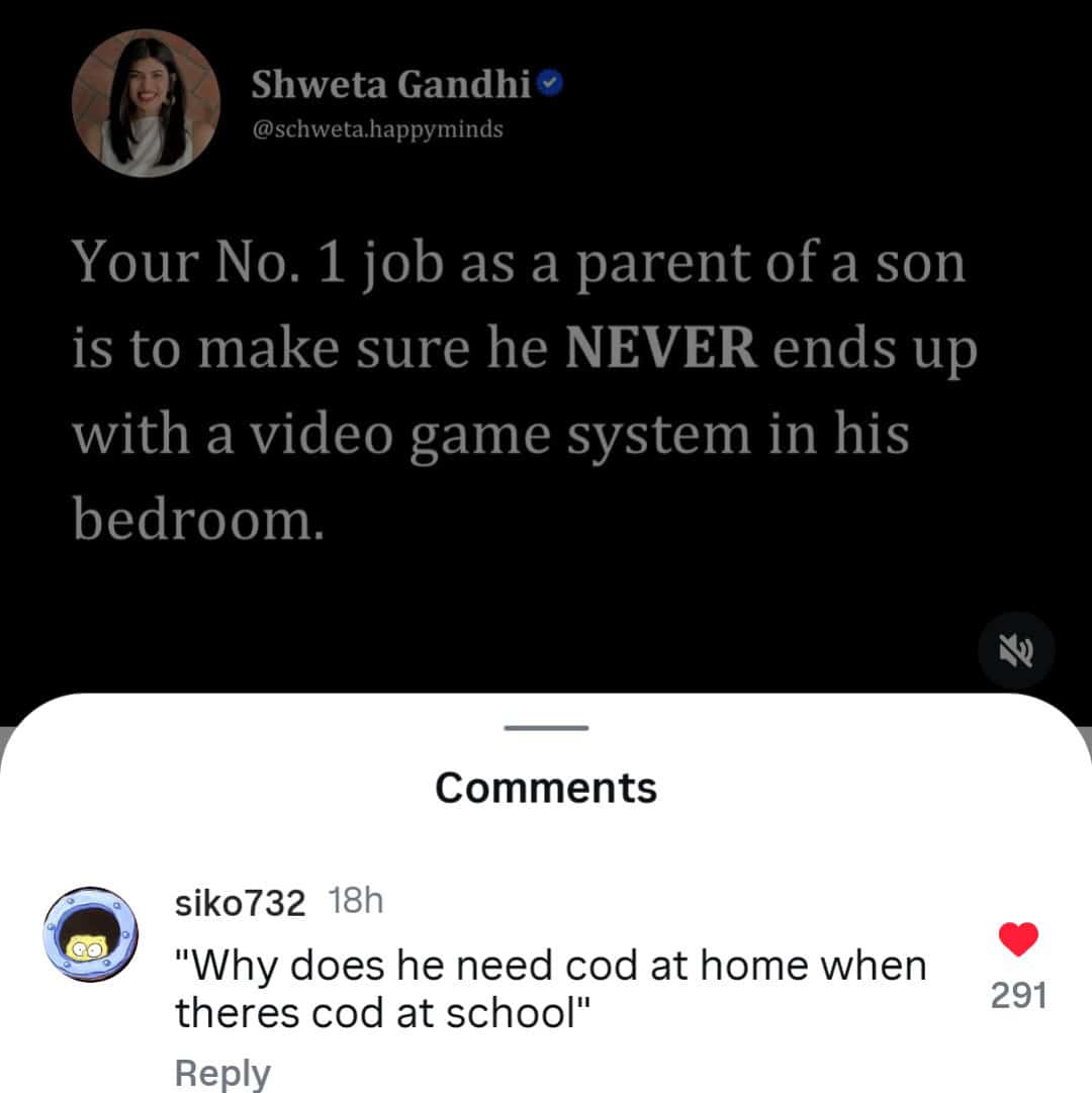 A parenting post with a dark humor comment about "cod at school," a classic example of cursed funny comments.