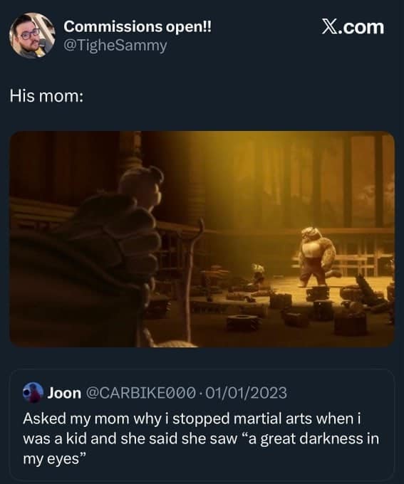 A tweet about a mom seeing "a great darkness" with a funny comment comparing him to Tai Lung.