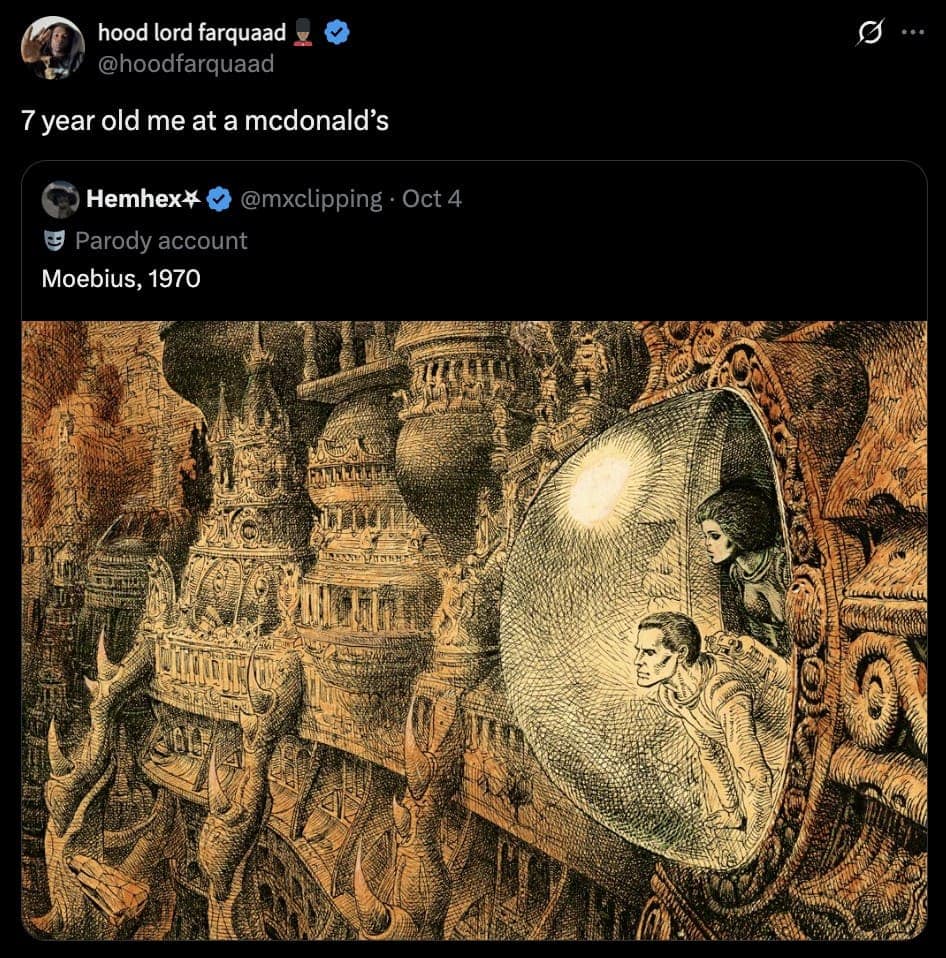 A fantastical piece of Moebius art with a funny comment comparing it to a McDonald's PlayPlace.