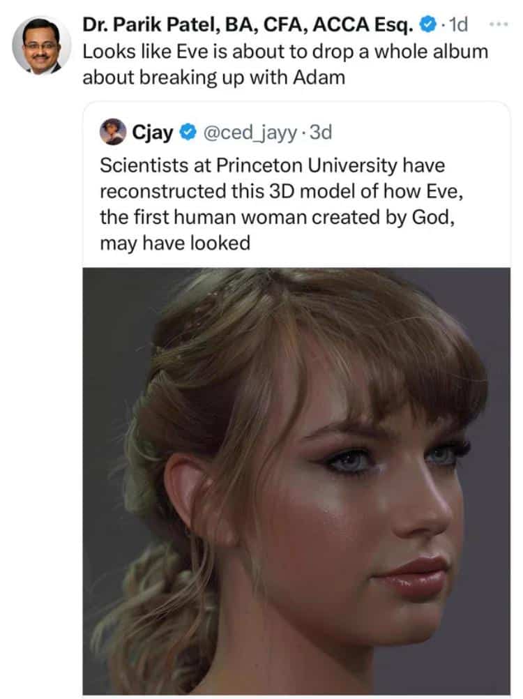 A 3D model of Eve with a funny comment that she looks like Taylor Swift about to drop an album.