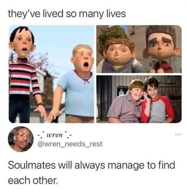 Funny Disney meme suggesting recurring character archetypes across films are soulmates finding each other across lifetimes.