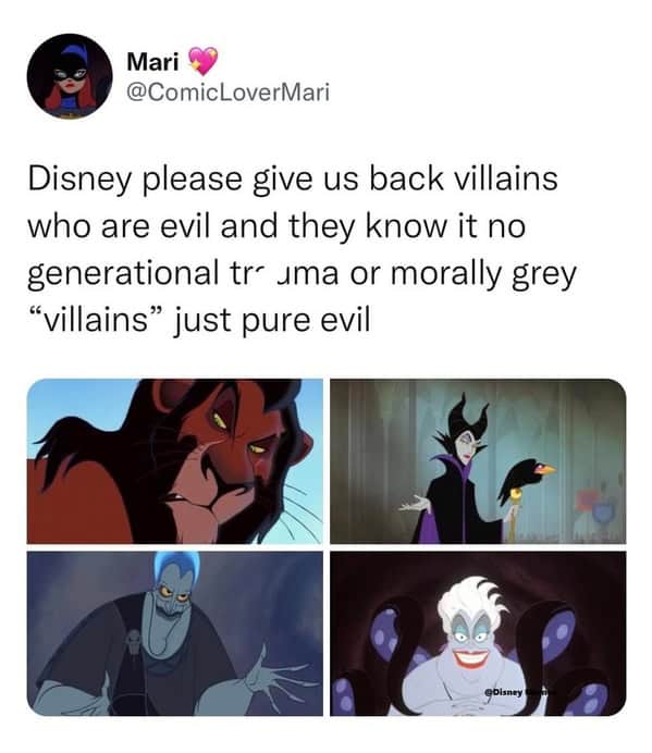 Funny Disney meme tweet demanding classic, purely evil villains like Scar and Ursula instead of morally grey ones.