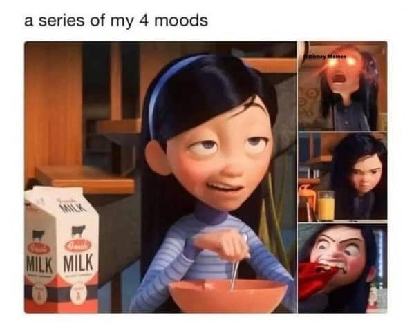 Funny Disney meme using Violet Parr from The Incredibles at breakfast to illustrate four distinct common moods.