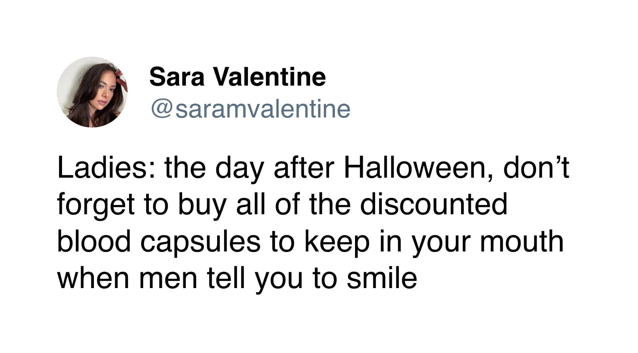 A funny halloween tweet with a brilliant, dark humor tip for the day after Halloween.