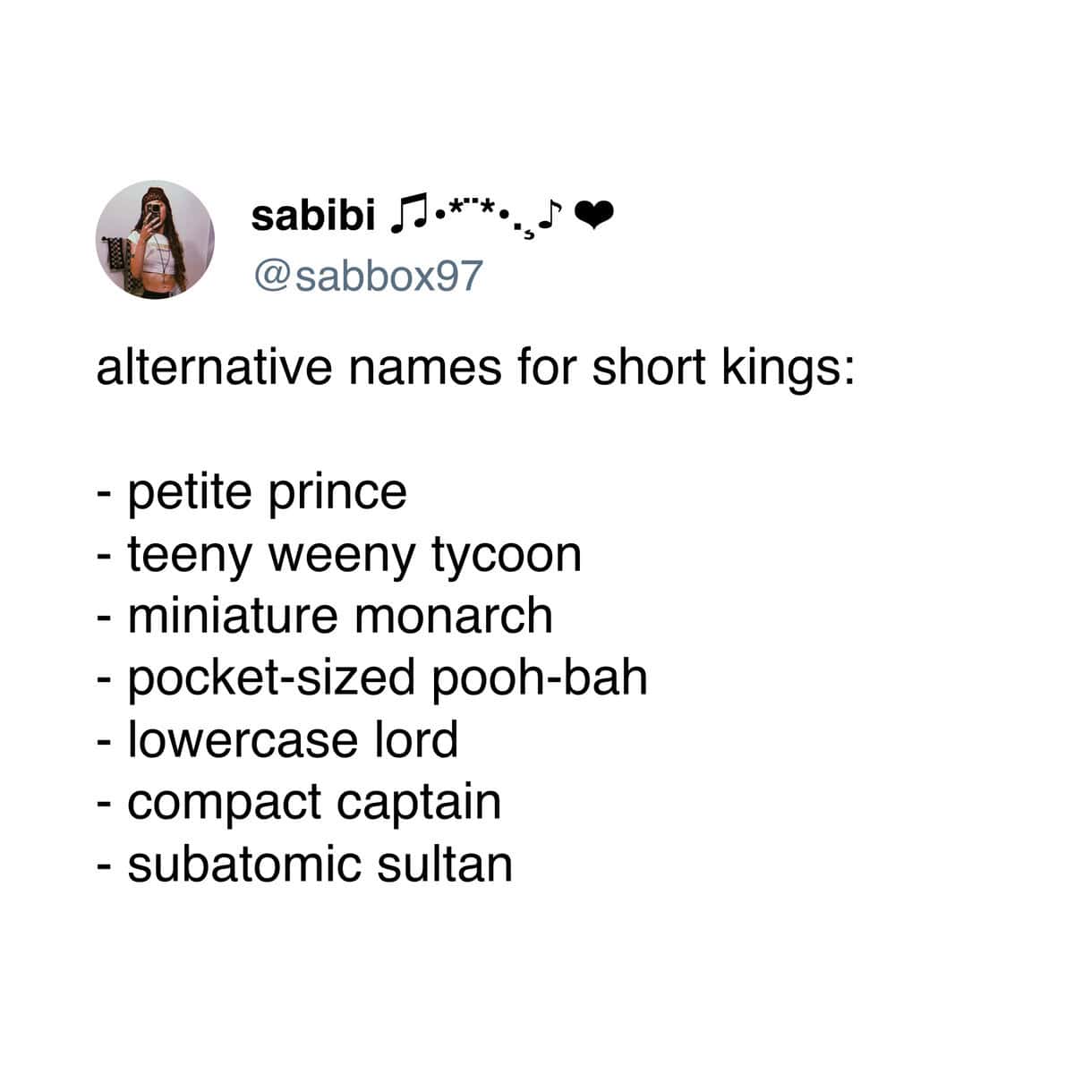 A funny height meme giving a list of hilarious and creative alternative names for short kings, like "lowercase lord."