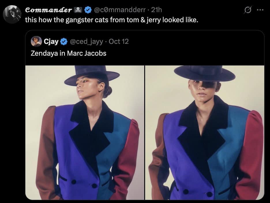 funny internet comment comparing Zendaya's high-fashion outfit to the gangster cats from Tom & Jerry.