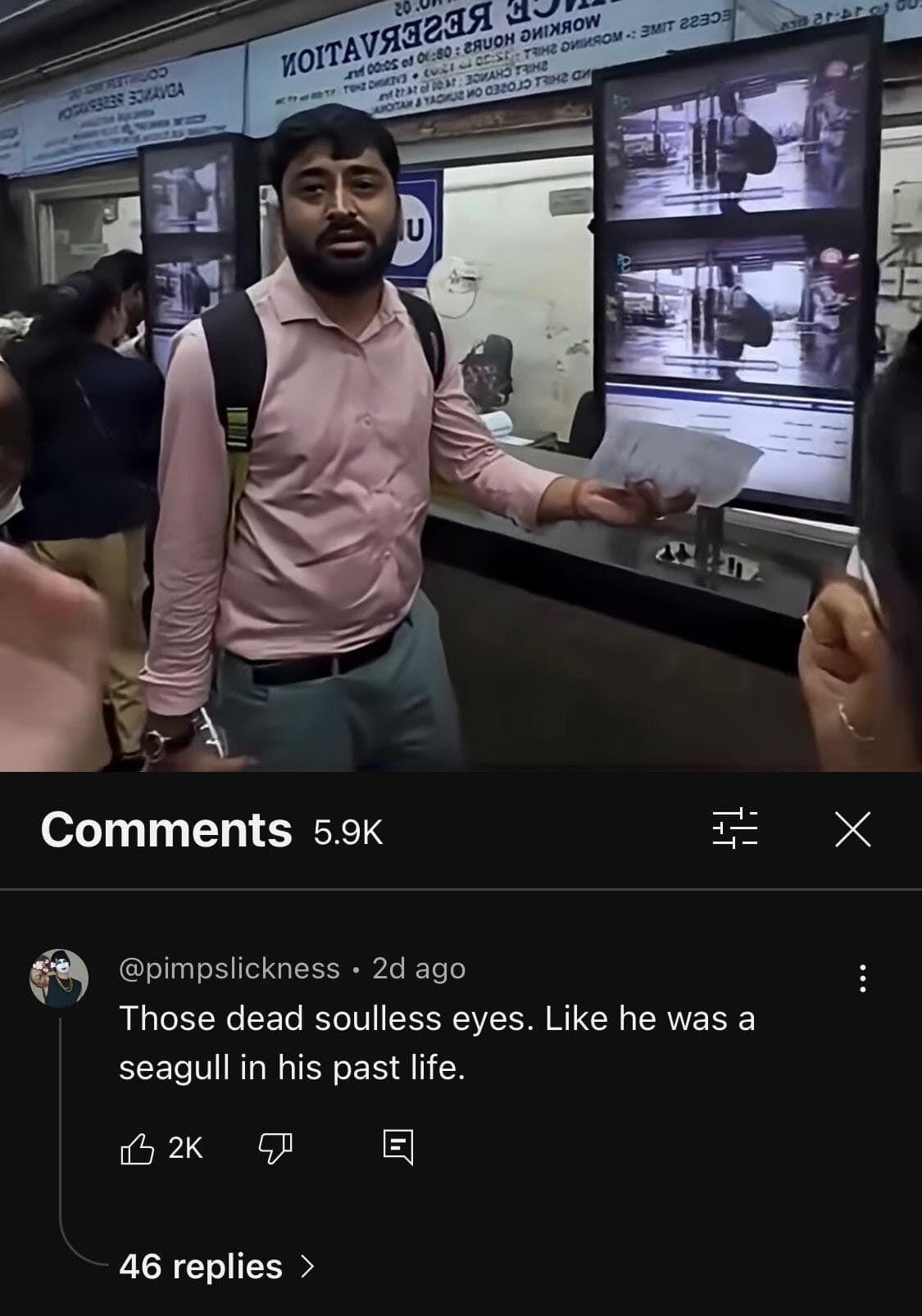 A funny internet comment hilariously describing a man's expression as having the dead, soulless eyes of a seagull.