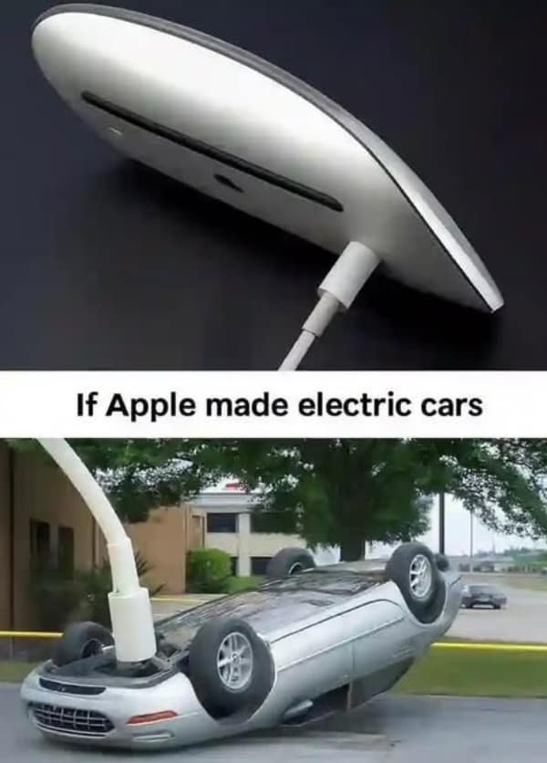 Funny meme comparing Apple's mouse charging design to an electric car charging awkwardly upside down.