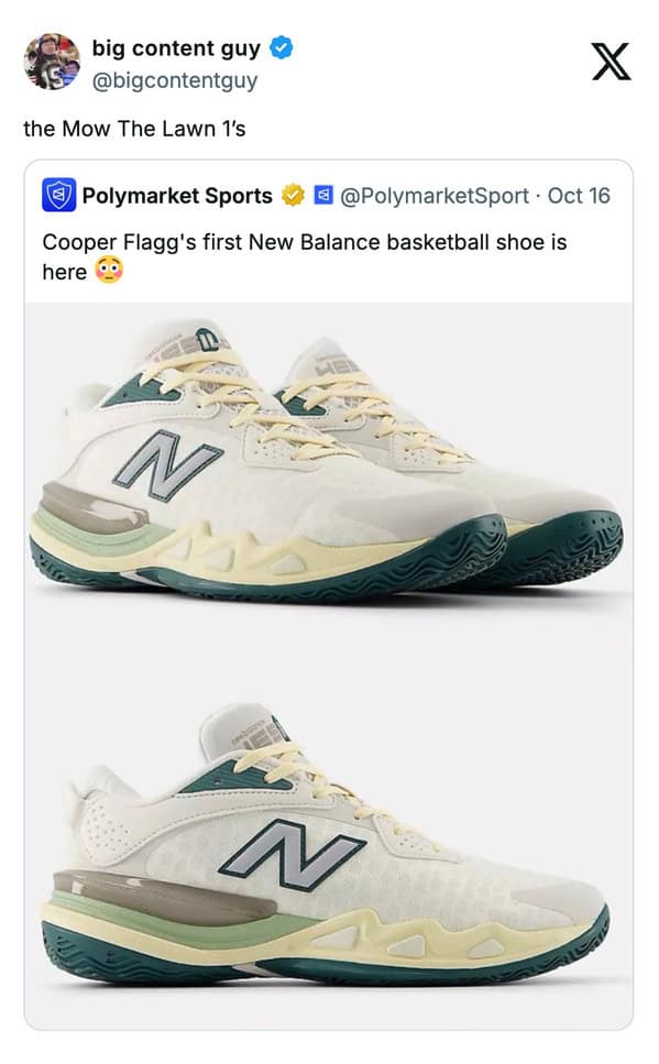 A funny meme tweet roasting Cooper Flagg's New Balance shoes as "Mow The Lawn 1's."