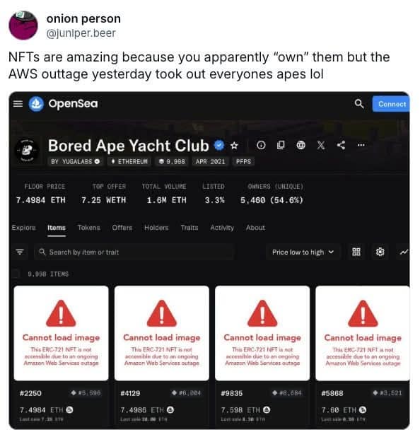 Funny memes tweet screenshot mocking Bored Ape NFTs being unavailable due to an AWS outage.
