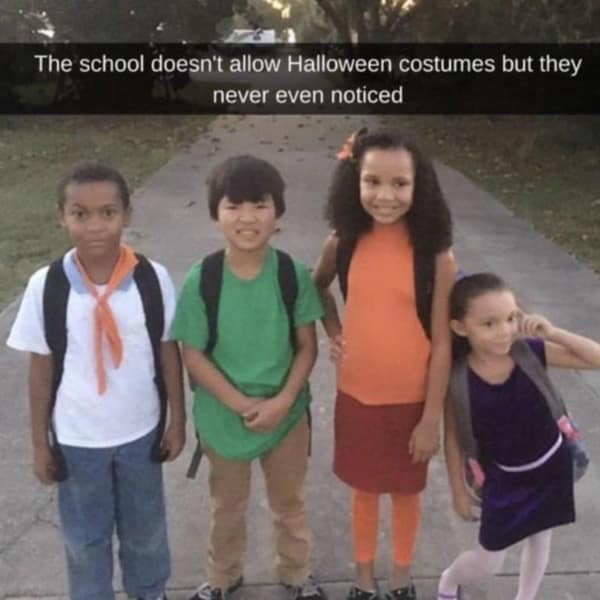 funny meme of kids cleverly bypassing a no-costume rule by dressing as Magic School Bus characters.