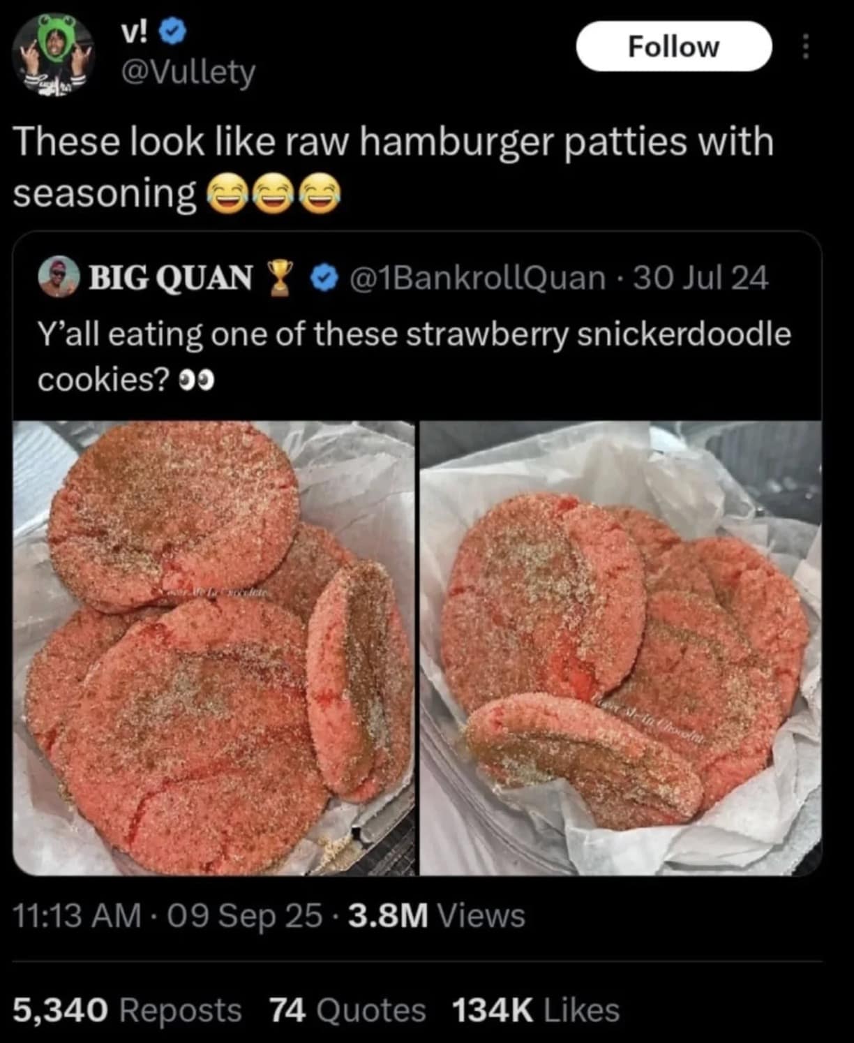 A funny tweet comparing homemade strawberry snickerdoodle cookies to raw hamburger patties with seasoning.