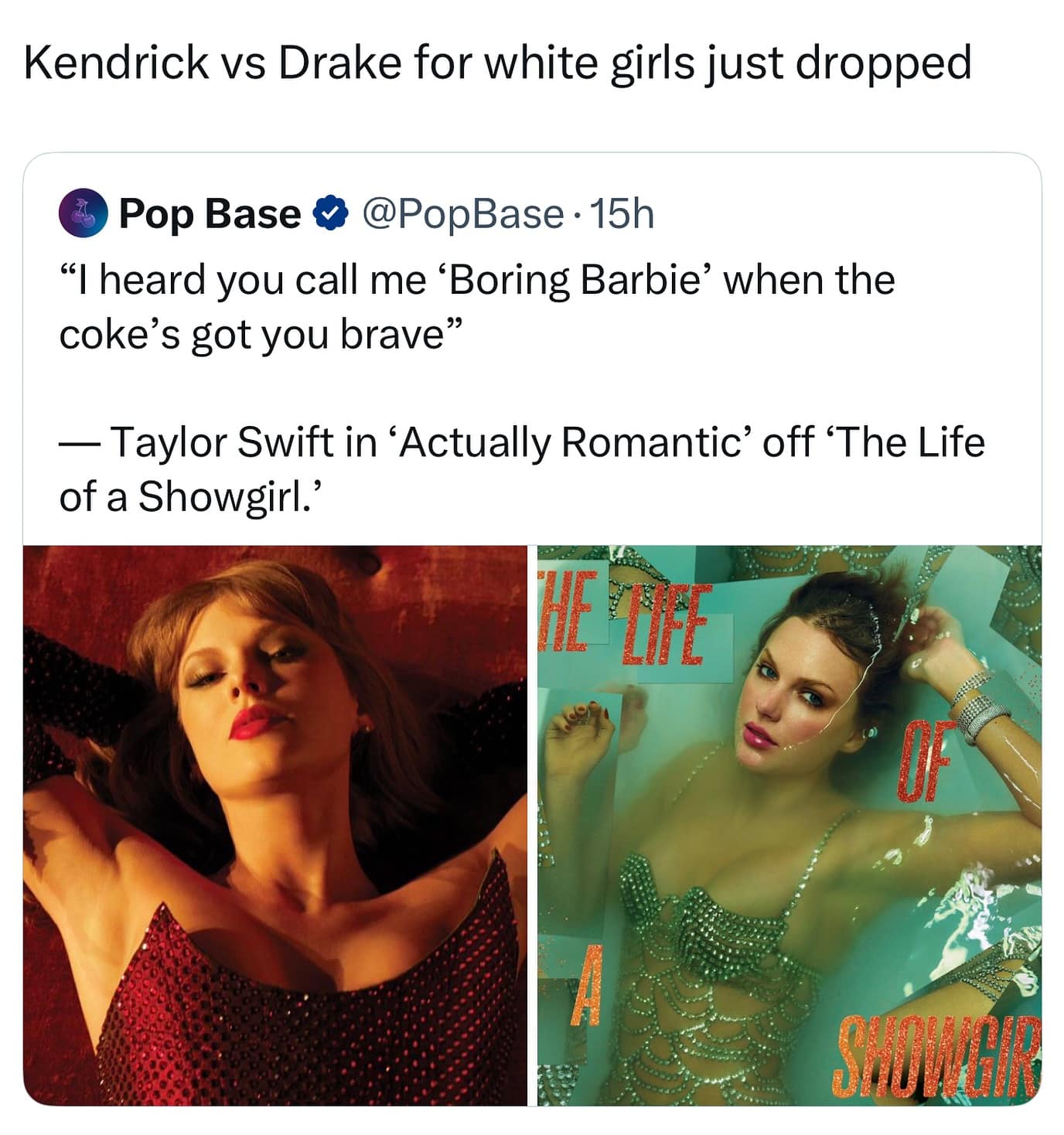 A tweet comparing a supposed Taylor Swift diss track to the Kendrick vs. Drake beef, but for white girls.