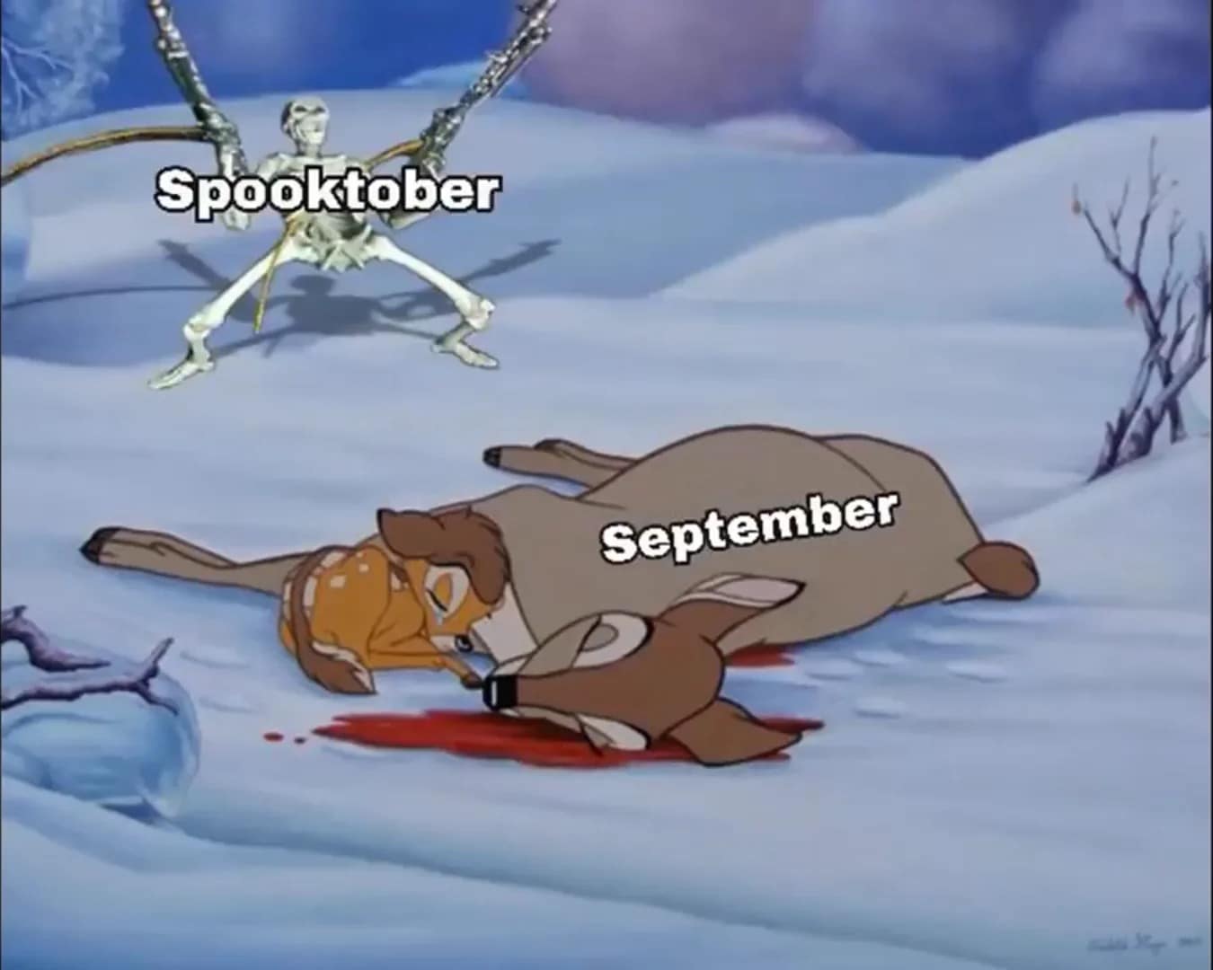 A Bambi meme where a skeletal "Spooktober" has defeated a dead "September," signaling the start of October.