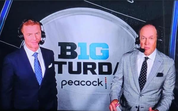 A funny photo of a sports broadcast logo where unfortunate placement makes "BIG TEN" look like "BIG TURD / peacock.