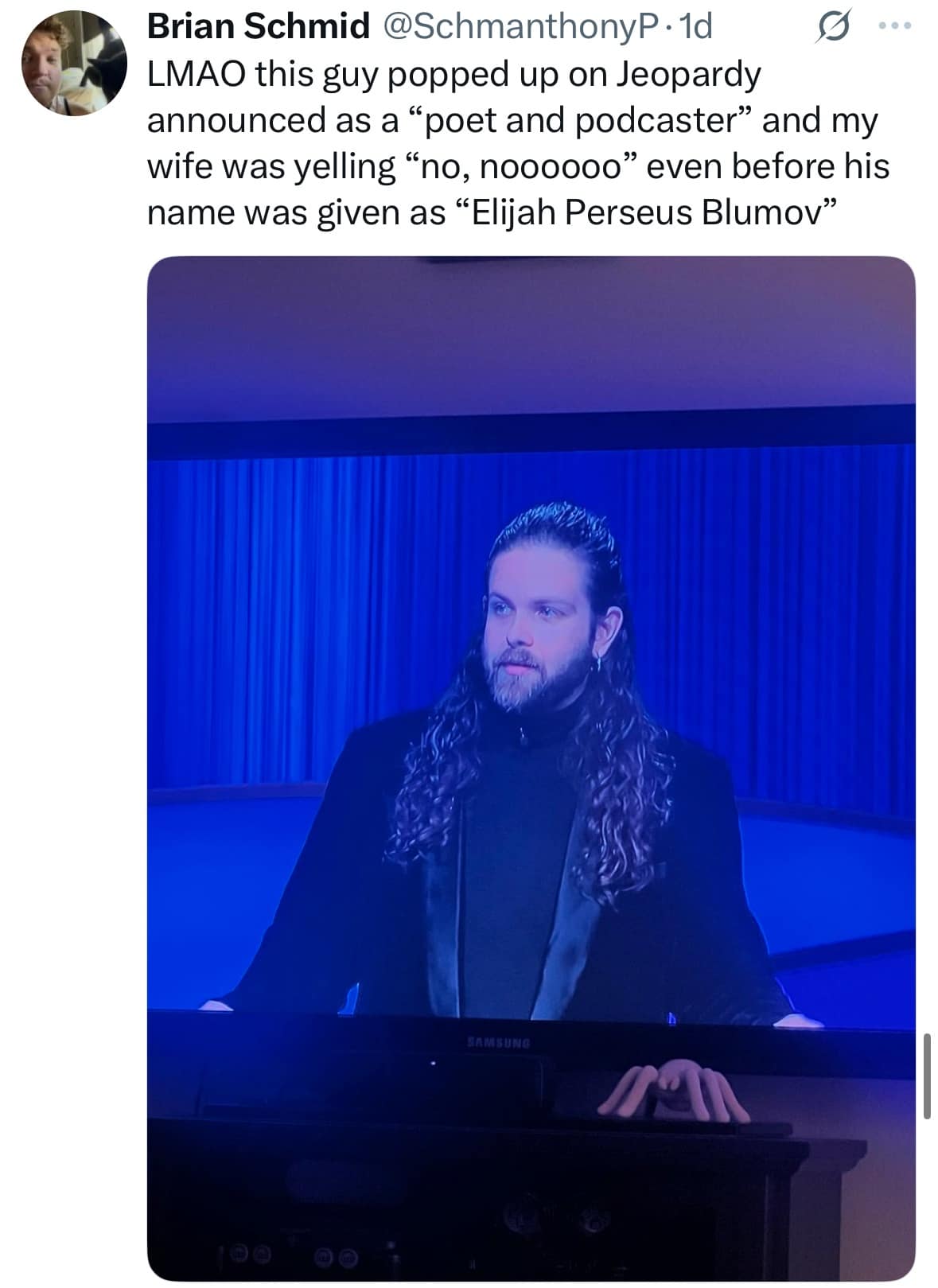 Funny tweet about immediately recognizing a stereotypical "poet and podcaster" contestant appearing on the game show Jeopardy.