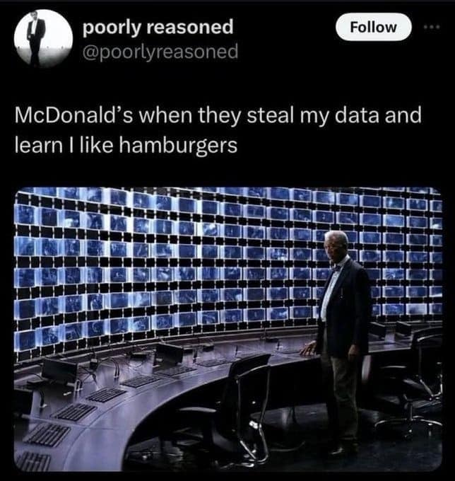 A funny meme satirizing corporate data collection by showing McDonald's discovering a user likes hamburgers.