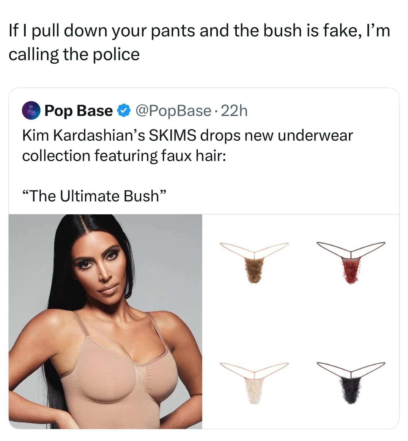 A funny meme reacting to Kim Kardashian's SKIMS underwear collection featuring faux pubic hair.
