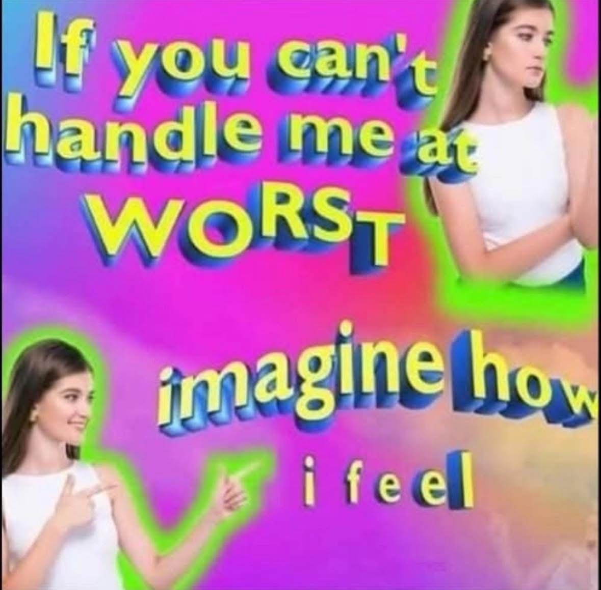 Funny memes image flipping the Marilyn Monroe quote to "If you can't handle me at worst, imagine how i feel."