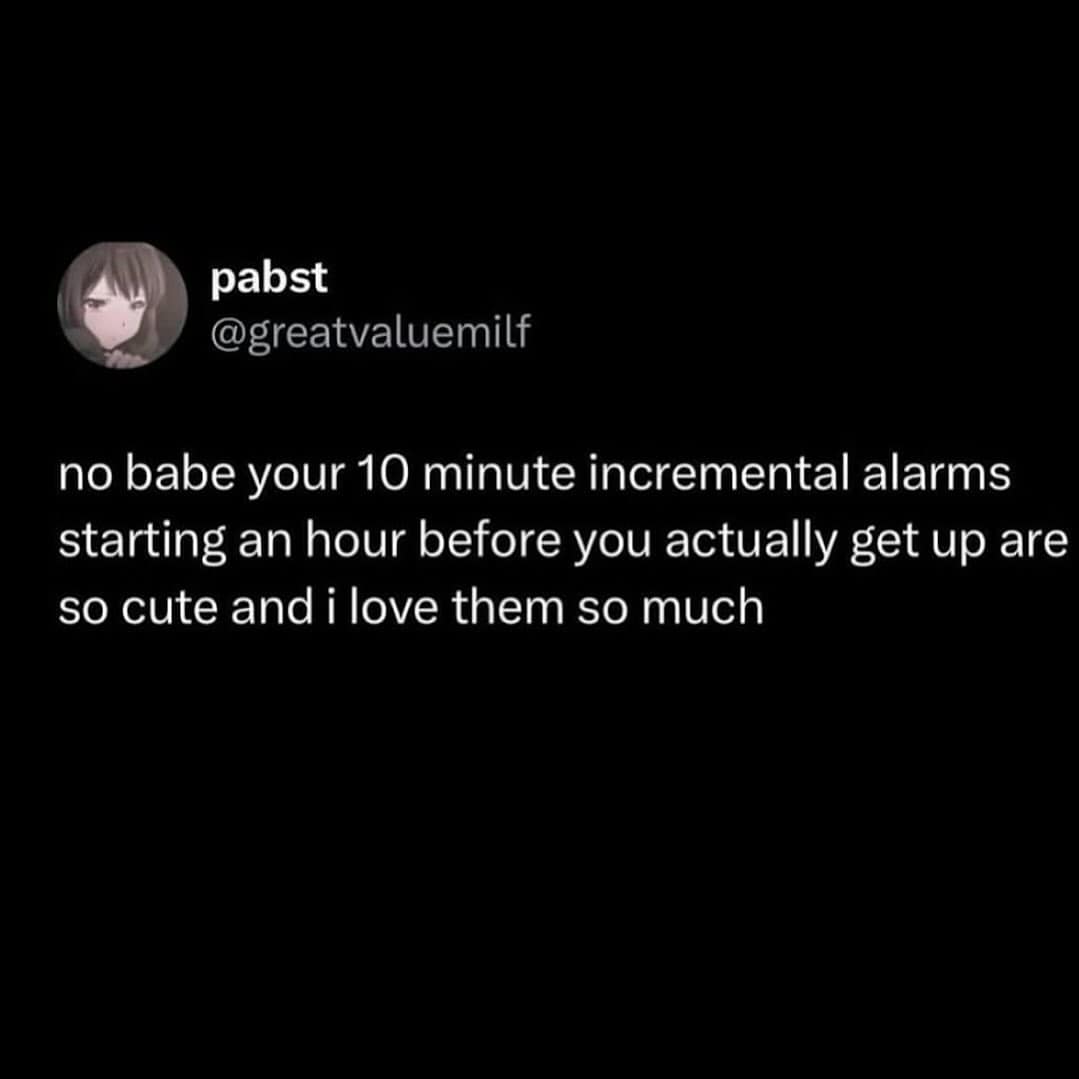 A sarcastic tweet from someone complaining about their partner's many 10-minute incremental alarms.