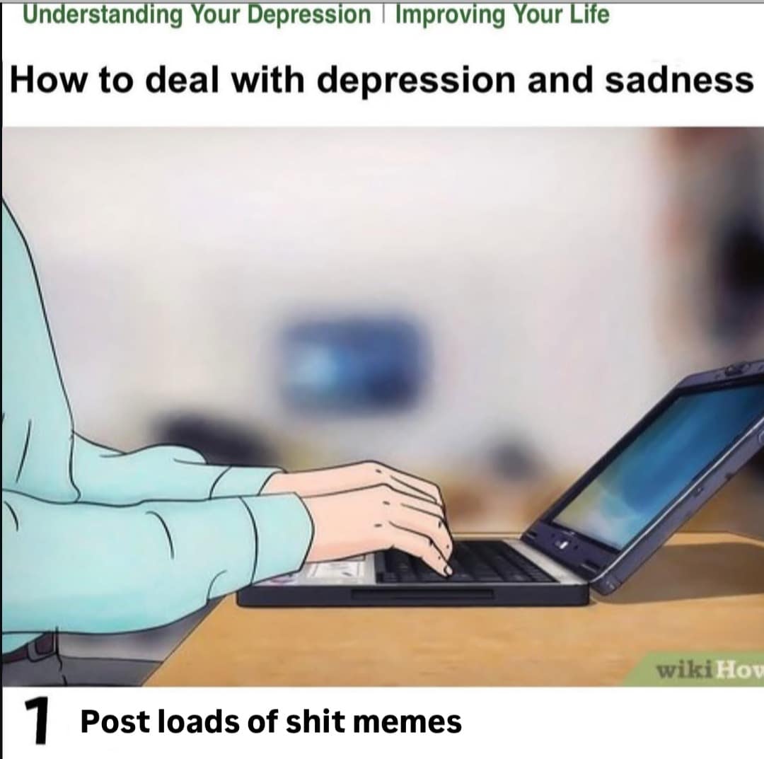 A funny meme of a fake WikiHow article on depression where step one is "Post loads of shit memes."