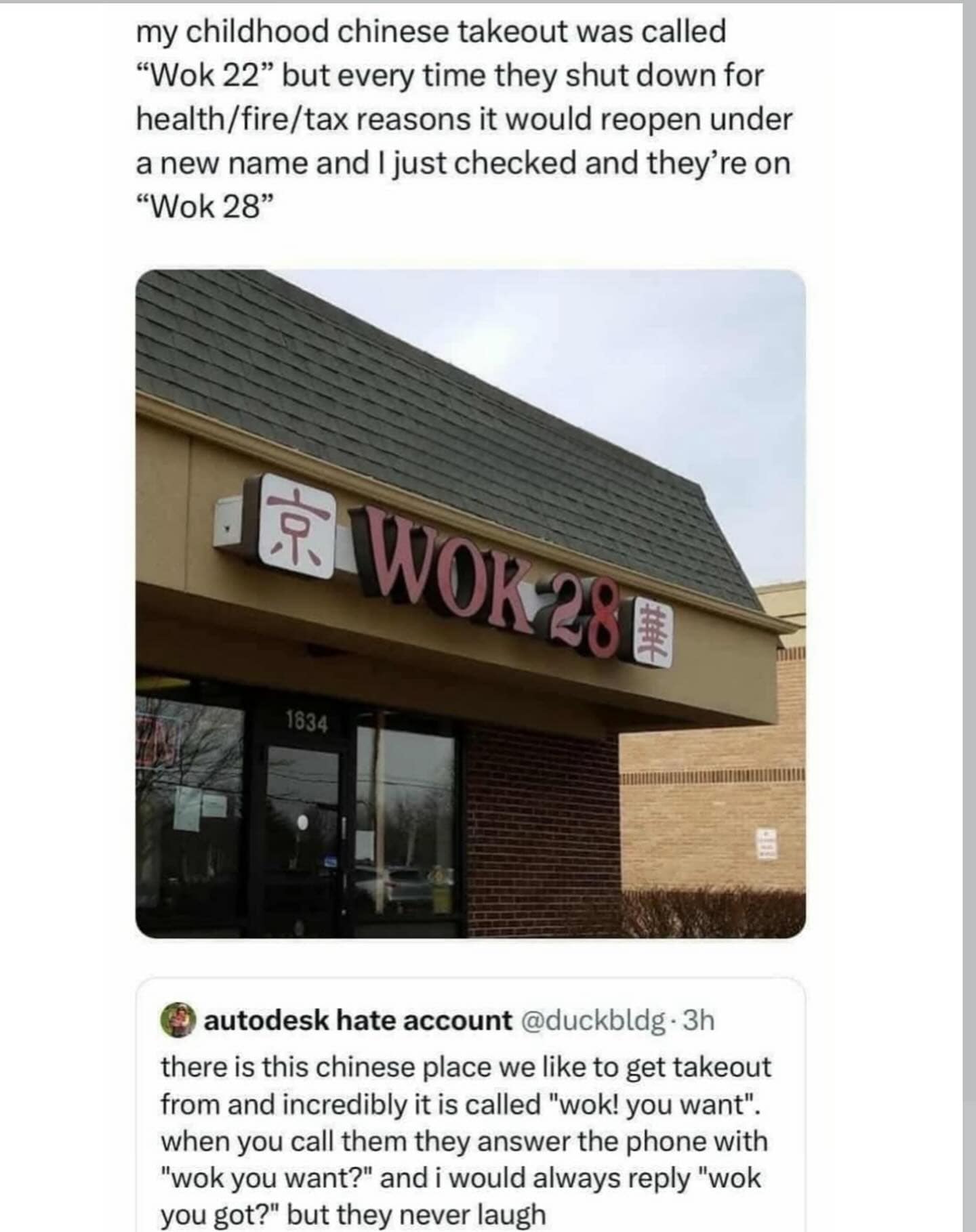 A funny tweet about a local Chinese restaurant that keeps getting shut down and reopening with a new number in its name.