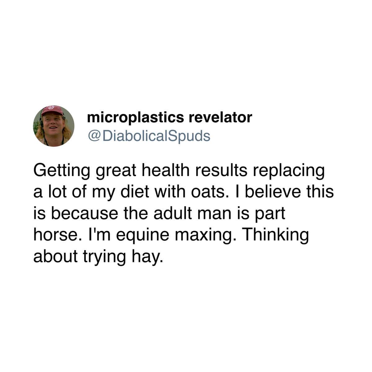 A tweet from someone who is "equine maxing" by replacing their diet with oats and hay.