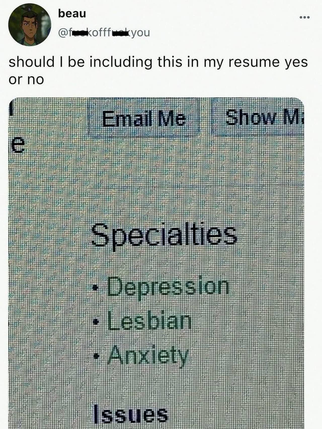 A funny and relatable meme about listing "Depression, Lesbian, Anxiety" as specialties on a resume.