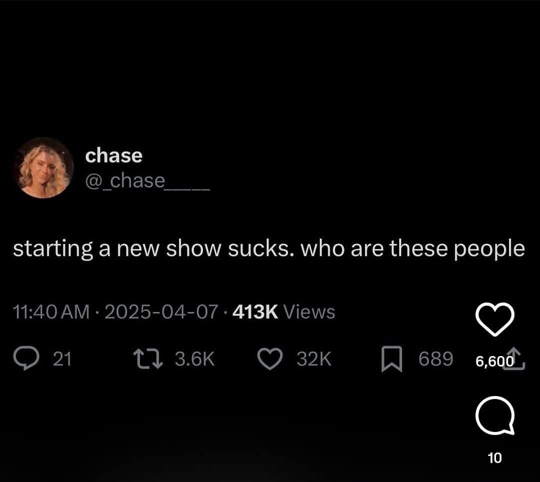 A relatable tweet about the struggle of starting a new TV show and not knowing who any of the characters are.