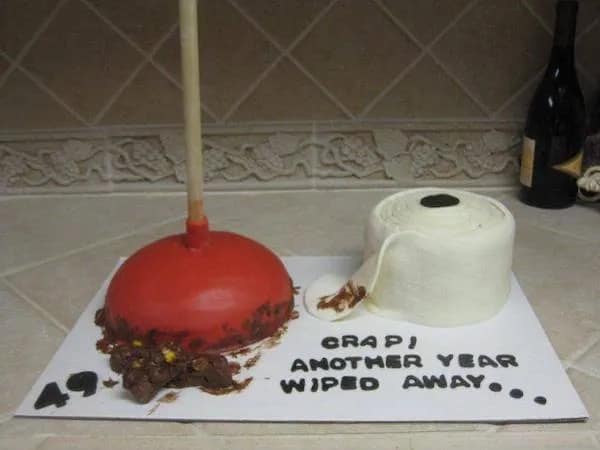 A funny and gross 49th birthday cake shaped like a toilet plunger and toilet paper.