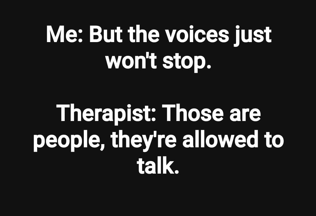 Funny meme featuring a therapy joke where the therapist clarifies that hearing "voices" just means hearing people talk.