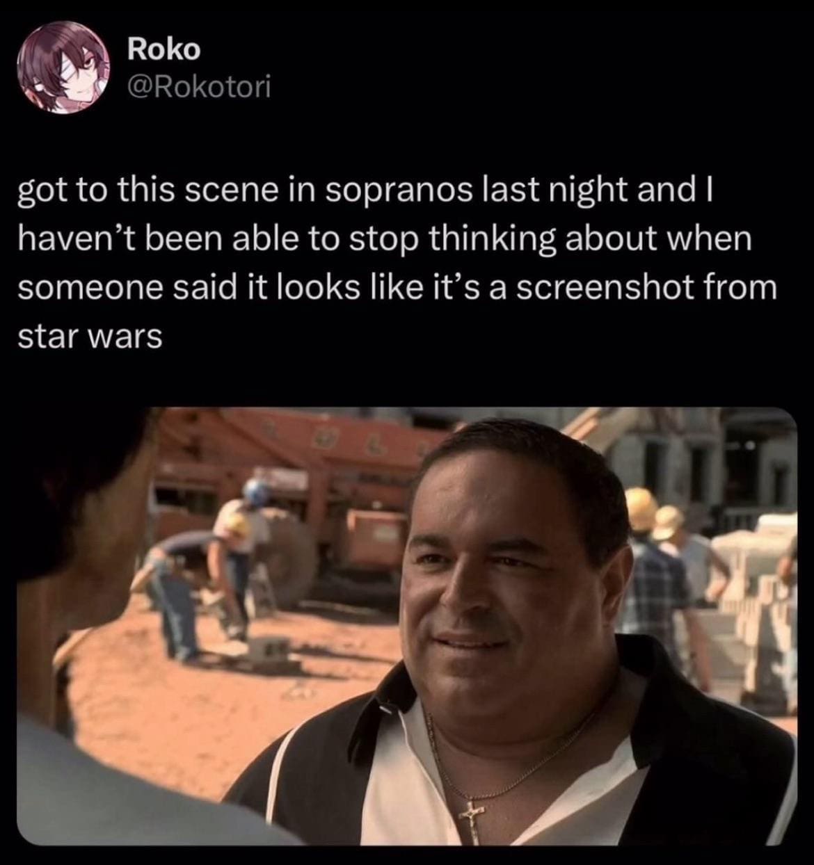 Funny memes tweet pointing out that a specific screenshot of Vito Spatafore from The Sopranos looks like Star Wars.