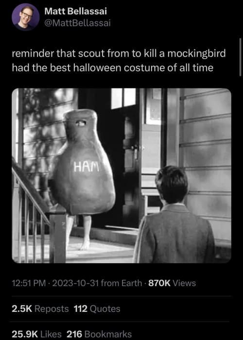 A tweet praising Scout's iconic ham costume from "To Kill a Mockingbird" as the best Halloween costume ever.