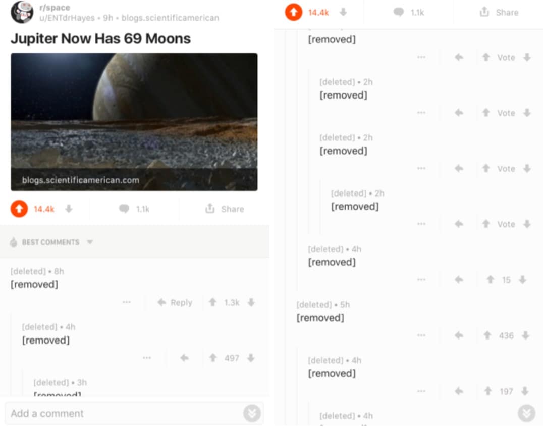 A Reddit screenshot about Jupiter having 69 moons where every single comment has been removed by moderators.