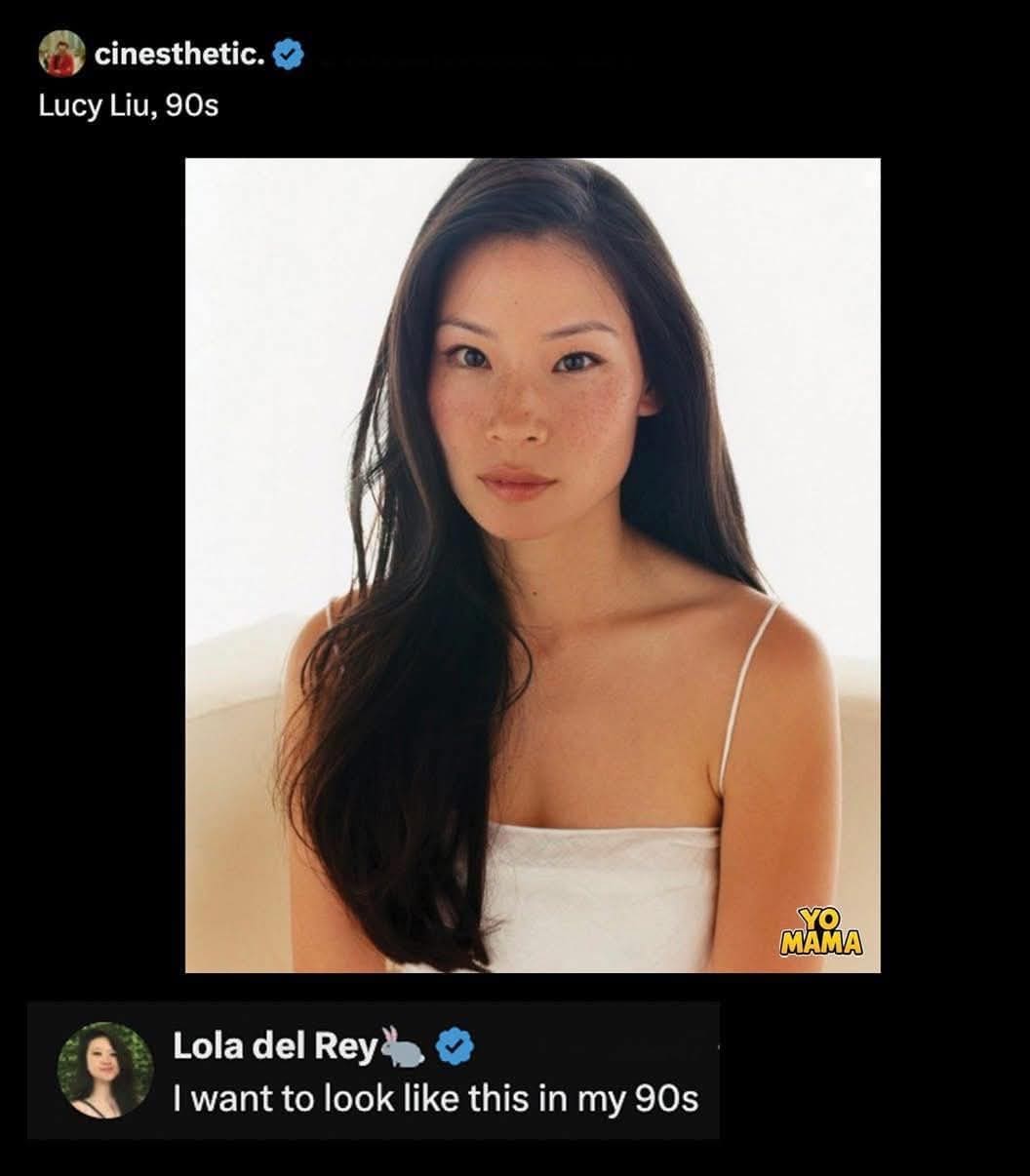 A funny comment on a 90s photo of Lucy Liu, saying "I want to look like this in my 90s."