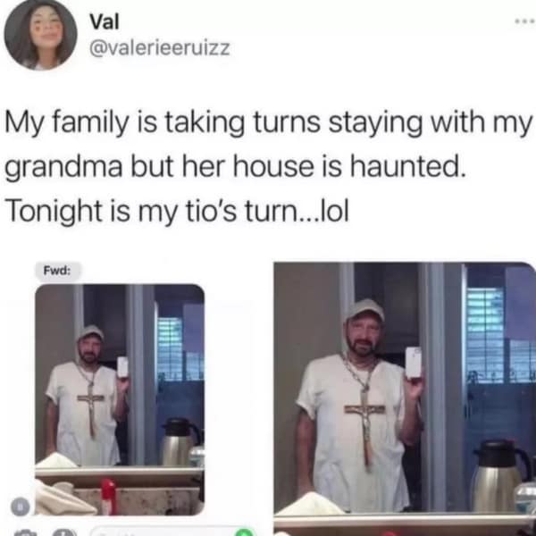 A funny meme of a Tio wearing a giant cross necklace to protect himself in a haunted house.