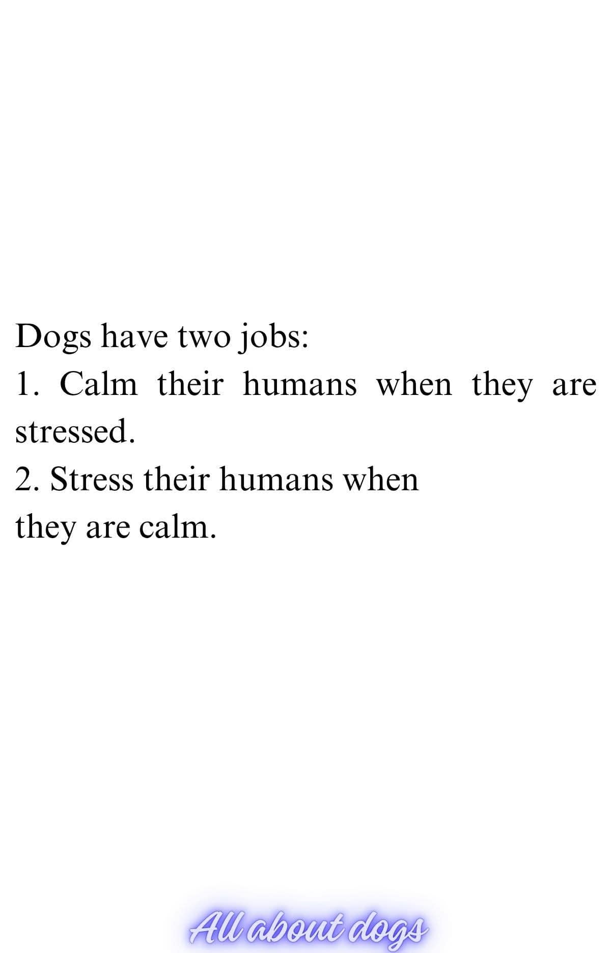 Funny meme text describing a dog's two primary jobs: calming stressed humans and stressing calm humans.