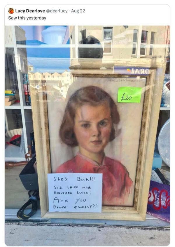 A picture of a "haunted" portrait in a thrift store that has been returned twice