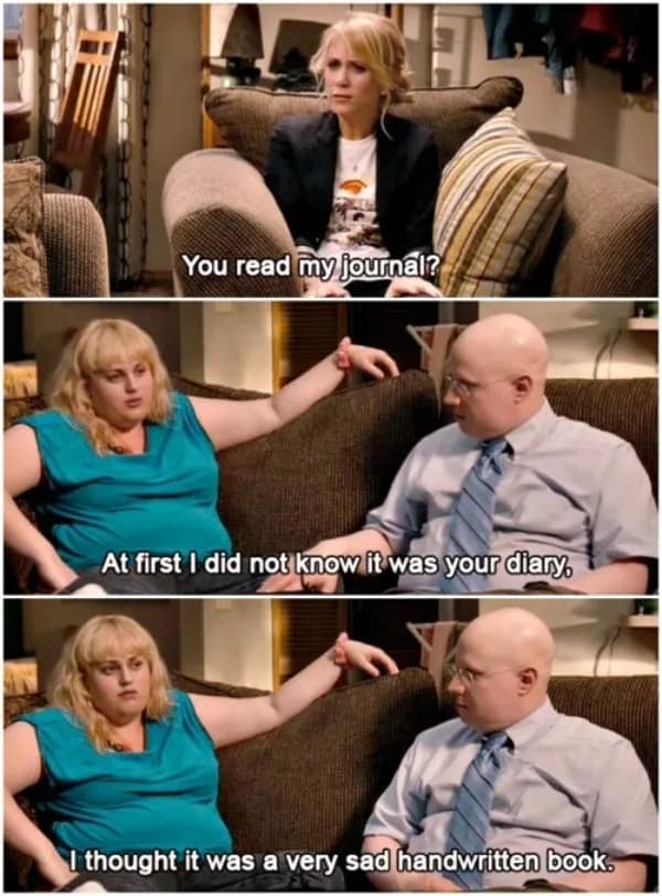 A hilarious funny movie quote from Rebel Wilson's character in Bridesmaids about reading a diary.