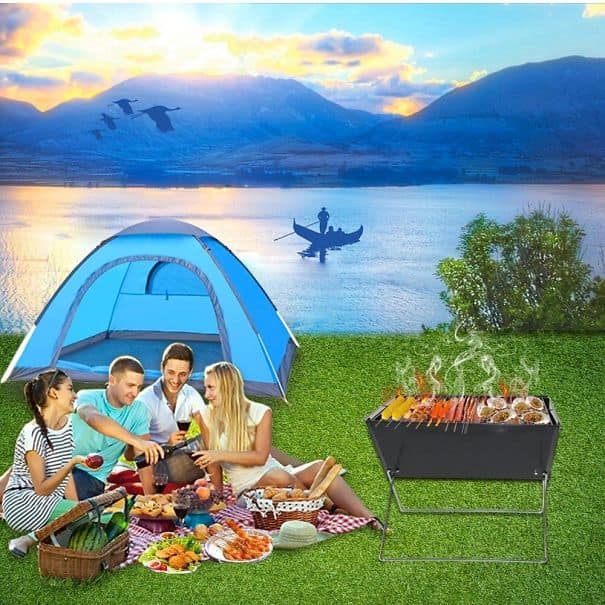 Hilarious funny photoshop fail depicting a camping scene with terrible scale, lighting, and a random gondola on a lake