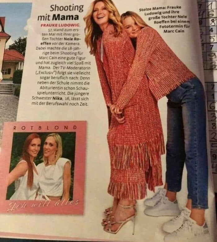 Funny photoshop fail in a magazine showing a mother and daughter where the daughter's legs look distorted