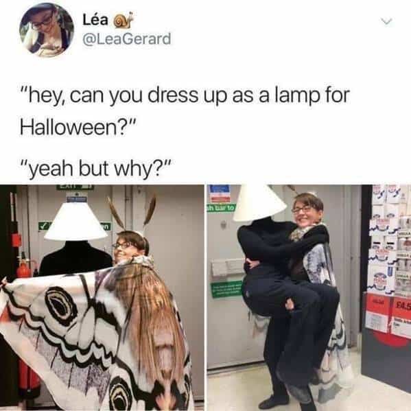 A funny and wholesome couples Halloween costume of a moth and a lamp.