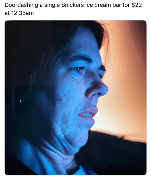 A funny meme of Kylo Ren's stressed face representing the regret of ordering expensive late-night DoorDash.