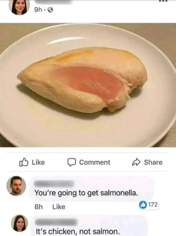 Funny Facebook comment misunderstanding salmonella after seeing a picture of undercooked chicken breast.