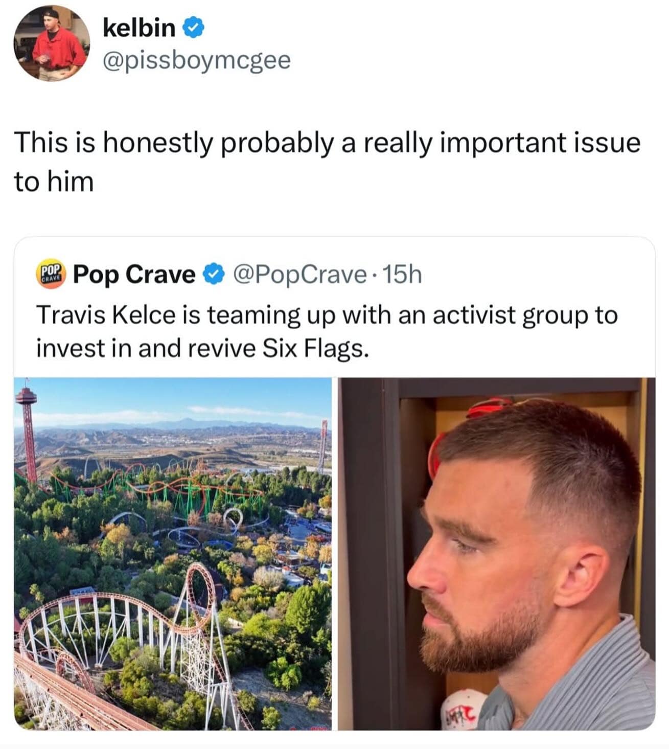 Funny tweet reacting to news about Travis Kelce teaming up with activists to invest in Six Flags theme parks.