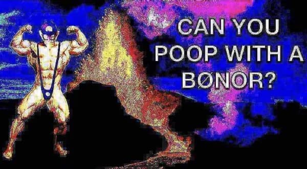 Deep-fried meme asking a bizarre anatomical question "Can you poop with a bonor?" featuring a muscular figure.